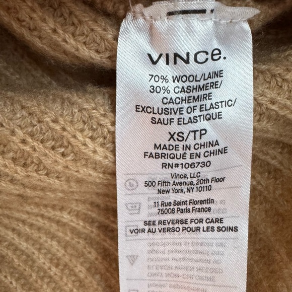VINCE Wool & Cashmere Blend Shaker Rib Knit Mock Neck Sweater Camel Tan XS - Picture 4 of 10